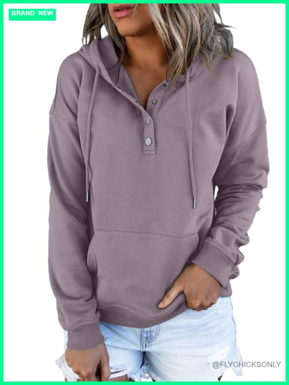 Womens Oversized Drawstring Pullover Hoodie Button Front Kangaroo Pocket